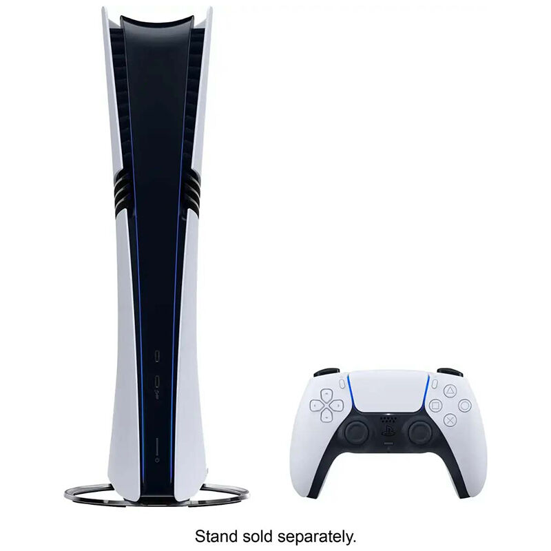 PS5 Pro Konsole vertikal mit DualSense